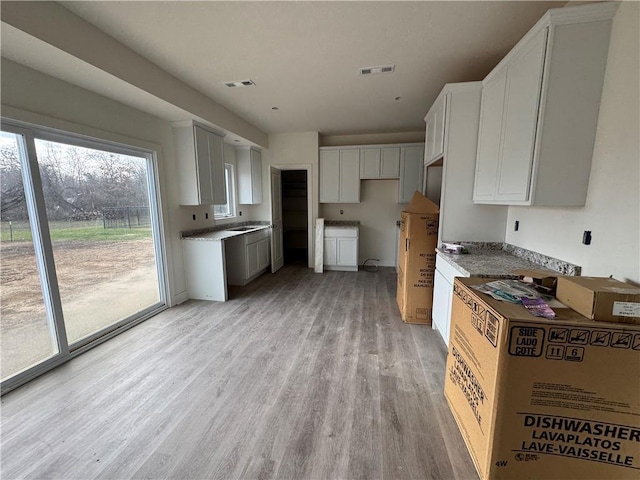 kitchen with light hardwood / wood-style floors, light stone countertops, white cabinetry, and sink