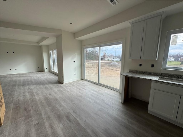 interior space with gray cabinetry, light hardwood / wood-style floors, and sink