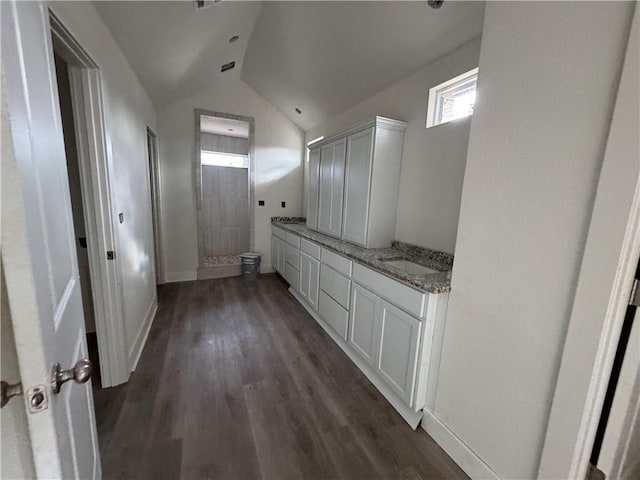 bathroom featuring vanity, a shower, lofted ceiling, toilet, and wood-type flooring