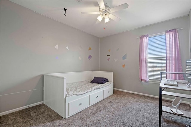 bedroom with light carpet and ceiling fan