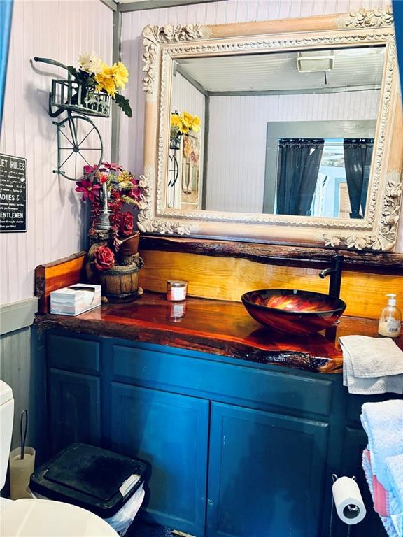 bathroom with sink and wood walls