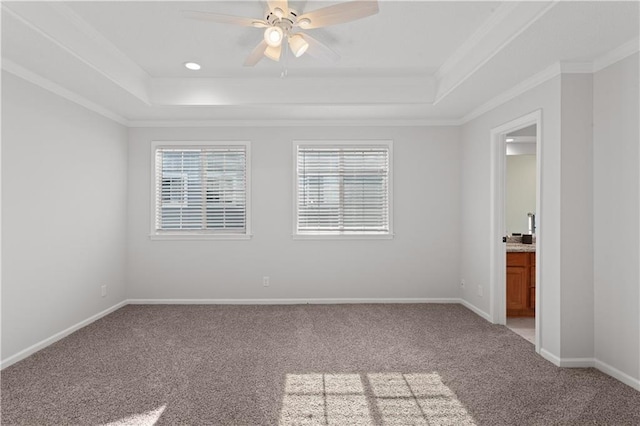 carpeted empty room with a raised ceiling, ceiling fan, and ornamental molding