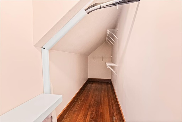 spacious closet featuring vaulted ceiling and dark hardwood / wood-style floors