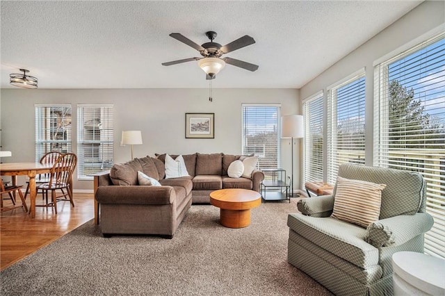 living room featuring hardwood / wood-style flooring, ceiling fan, and a textured ceiling