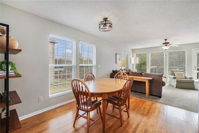 dining area with a textured ceiling, a healthy amount of sunlight, and light wood-type flooring