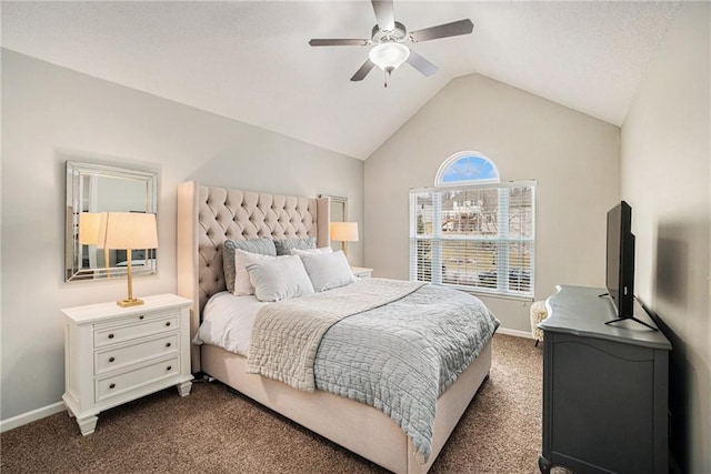 bedroom featuring vaulted ceiling, ceiling fan, and dark colored carpet