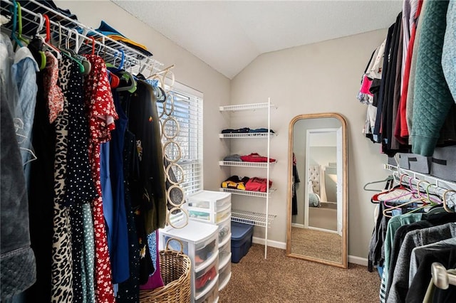 spacious closet featuring vaulted ceiling and carpet