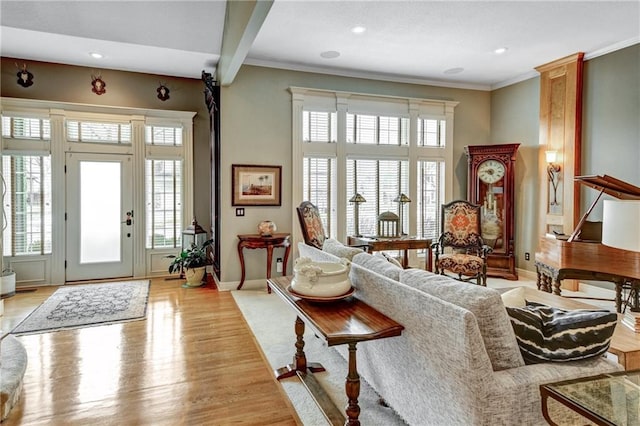 living room with crown molding and light hardwood / wood-style floors