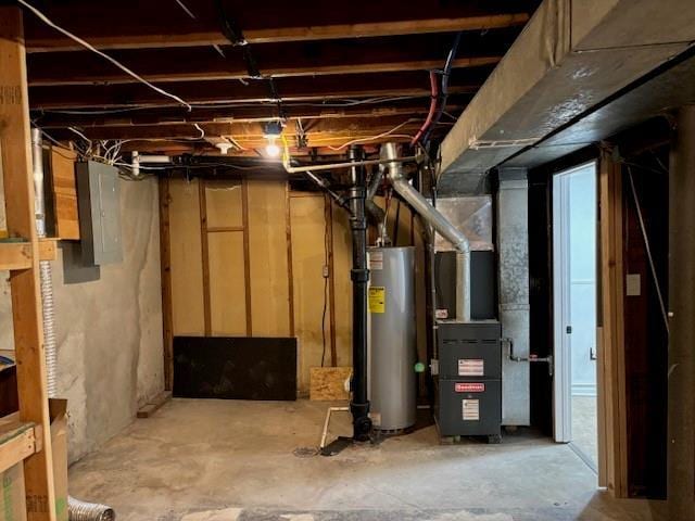 basement with gas water heater and electric panel