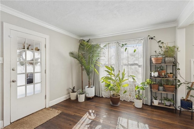 entryway with a textured ceiling, ornamental molding, and dark hardwood / wood-style floors