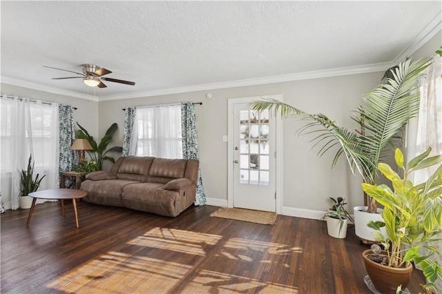 living room featuring ceiling fan, dark hardwood / wood-style flooring, and ornamental molding