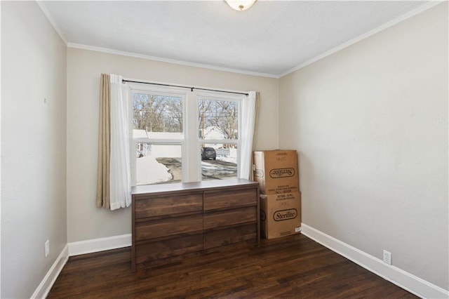 interior space featuring dark hardwood / wood-style flooring and ornamental molding