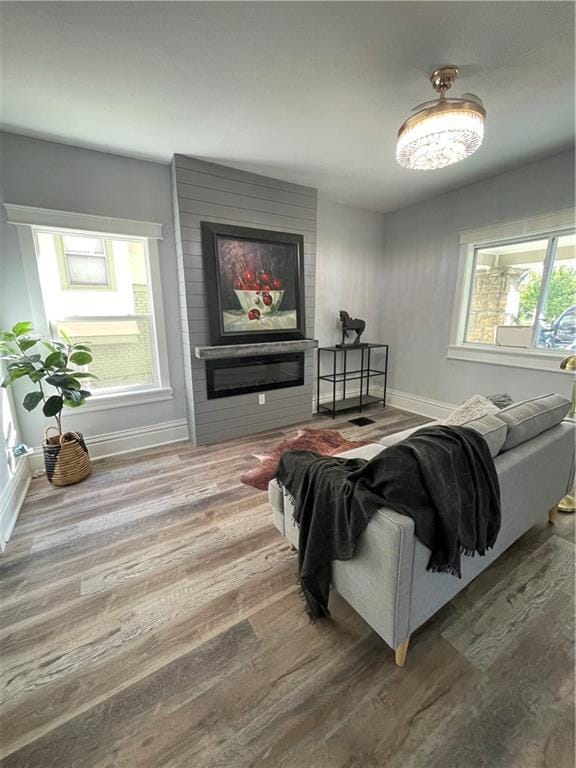 living room with a large fireplace and hardwood / wood-style flooring