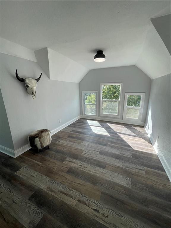 bonus room with dark hardwood / wood-style floors and vaulted ceiling