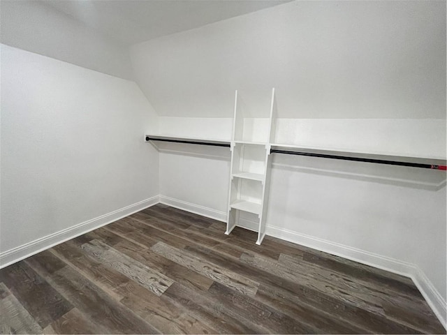 spacious closet with dark hardwood / wood-style flooring and vaulted ceiling