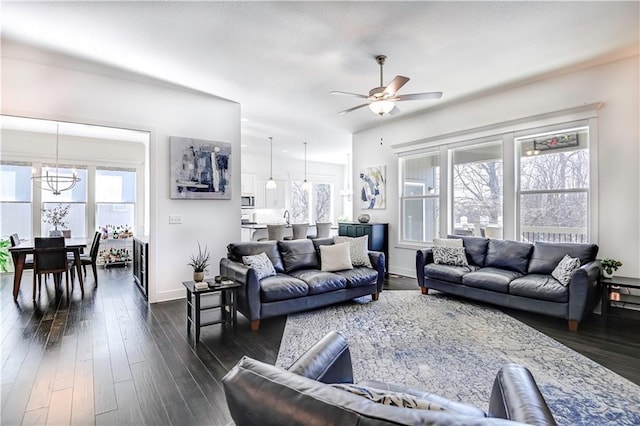 living room with dark hardwood / wood-style floors and ceiling fan with notable chandelier