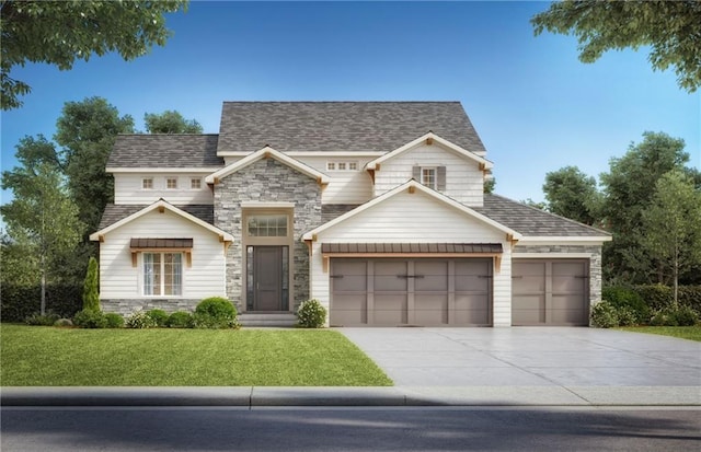 view of front facade with concrete driveway, stone siding, roof with shingles, an attached garage, and a front lawn