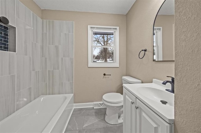 full bathroom featuring a textured ceiling, vanity,  shower combination, and toilet