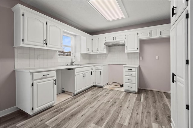 kitchen featuring backsplash, white cabinets, light hardwood / wood-style flooring, and sink