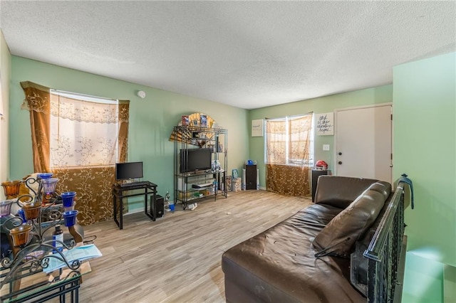 living room featuring a textured ceiling and light hardwood / wood-style flooring