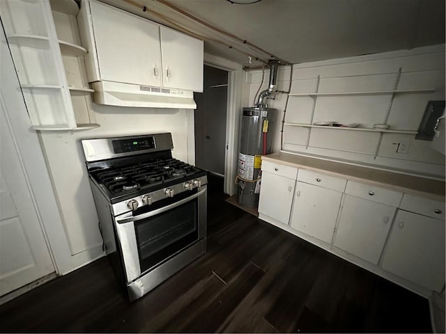 kitchen featuring white cabinets, dark hardwood / wood-style floors, water heater, and stainless steel range with gas stovetop