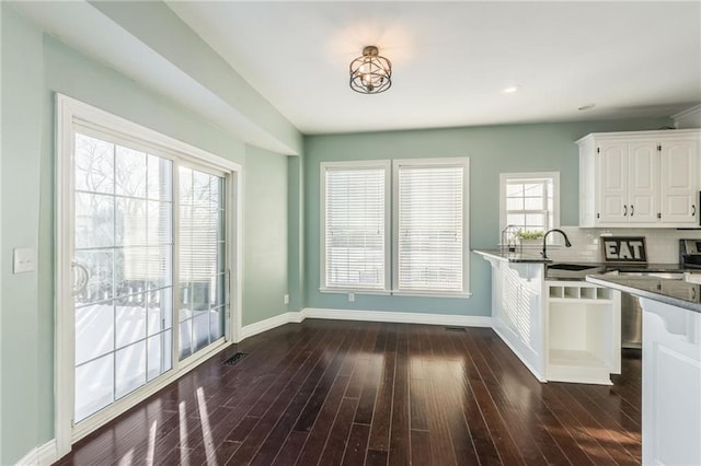 kitchen with white cabinets, dark hardwood / wood-style floors, decorative backsplash, and sink