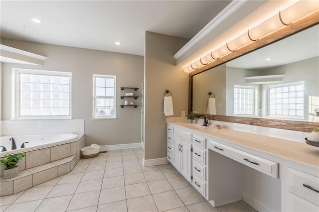 bathroom featuring vanity, tile patterned floors, and tiled bath