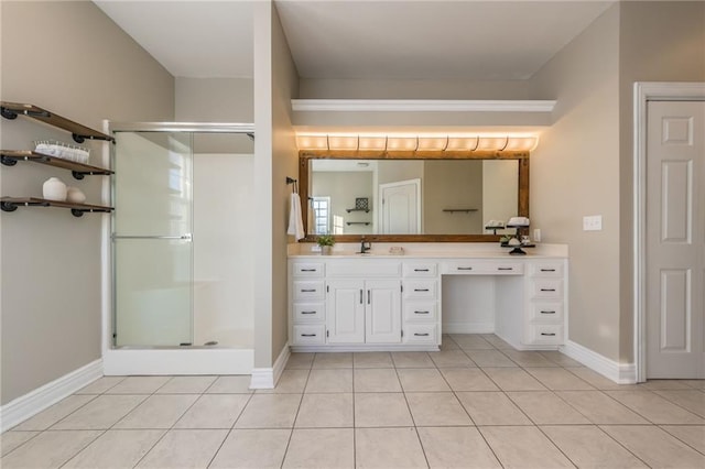 bathroom featuring an enclosed shower, vanity, and tile patterned flooring