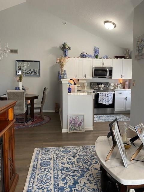 kitchen with white cabinets, appliances with stainless steel finishes, dark hardwood / wood-style flooring, and high vaulted ceiling