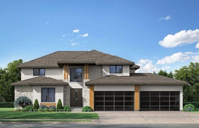 prairie-style home with stucco siding, a garage, stone siding, driveway, and a front lawn