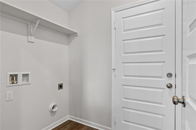 washroom with dark wood-style flooring, washer hookup, baseboards, laundry area, and hookup for an electric dryer