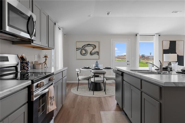 37767 W 207th Ter, Edgerton, KS 66021 - kitchen with stainless steel appliances, gray cabinetry, light wood finished floors, light countertops, and a kitchen island with sink