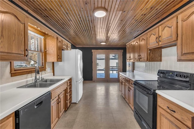 kitchen with black appliances, wood ceiling, french doors, sink, and backsplash