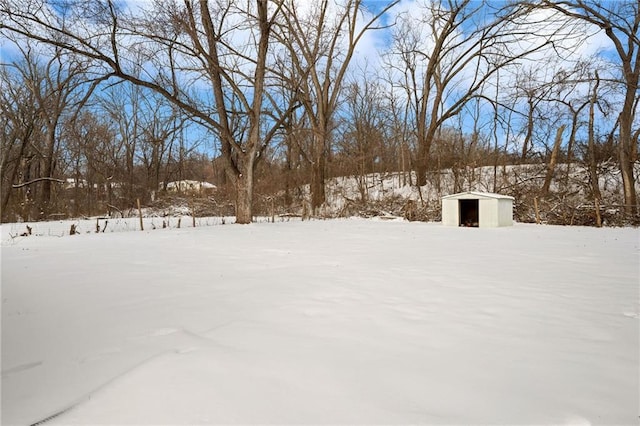 yard covered in snow featuring a garage and an outdoor structure