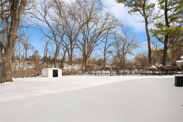 yard covered in snow with an outbuilding