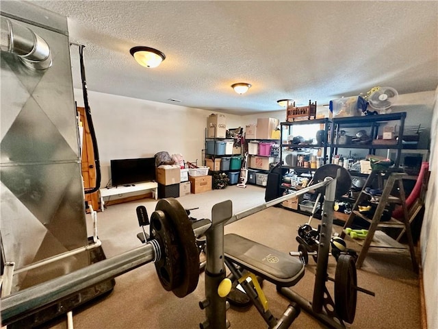 exercise area featuring a textured ceiling and carpet