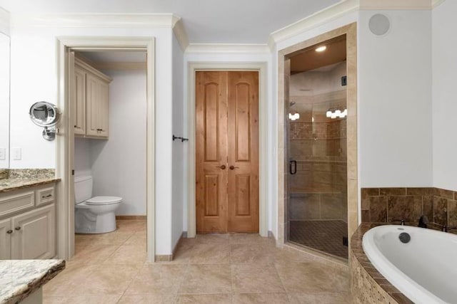 full bathroom with vanity, plus walk in shower, crown molding, tile patterned flooring, and toilet