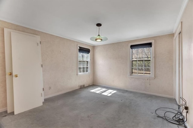 spare room with crown molding, carpet, visible vents, and a wealth of natural light