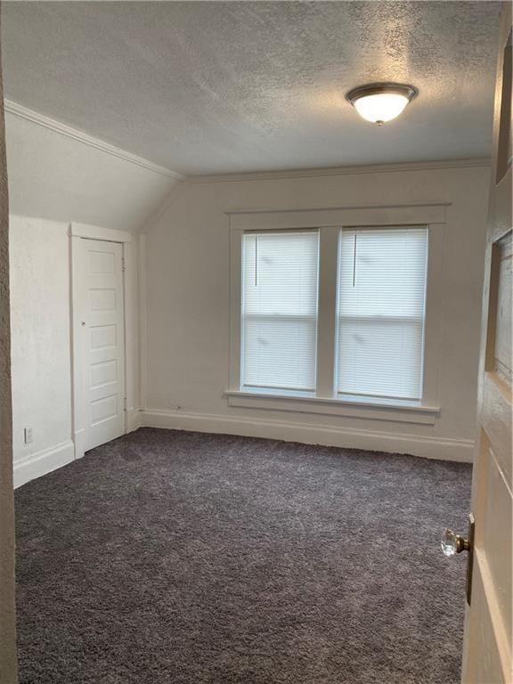 bonus room featuring dark colored carpet, a textured ceiling, and lofted ceiling