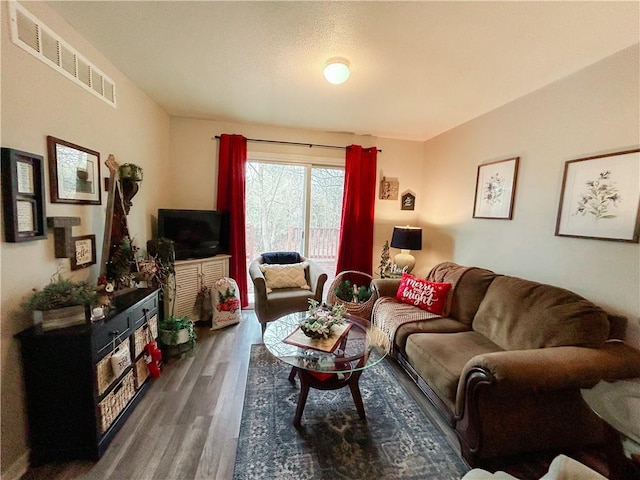 living room featuring dark wood-type flooring