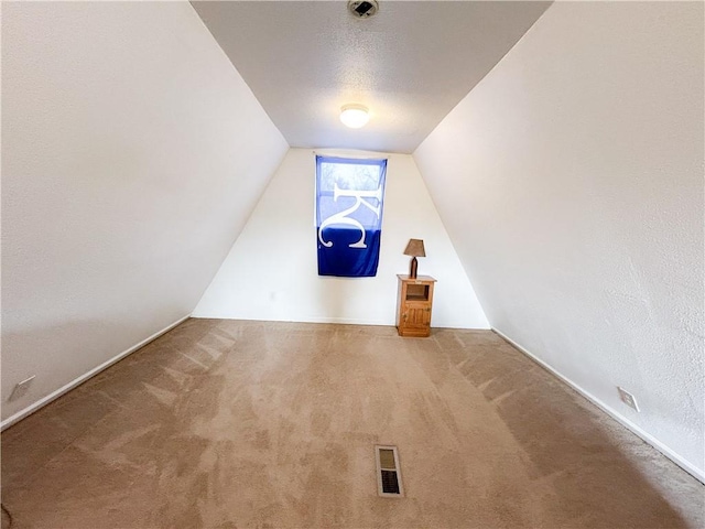 bonus room featuring lofted ceiling, a textured ceiling, and carpet flooring