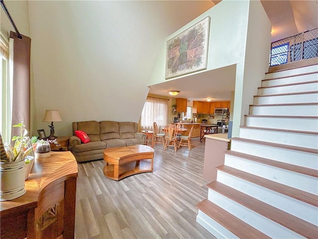 living room with a high ceiling and light hardwood / wood-style flooring