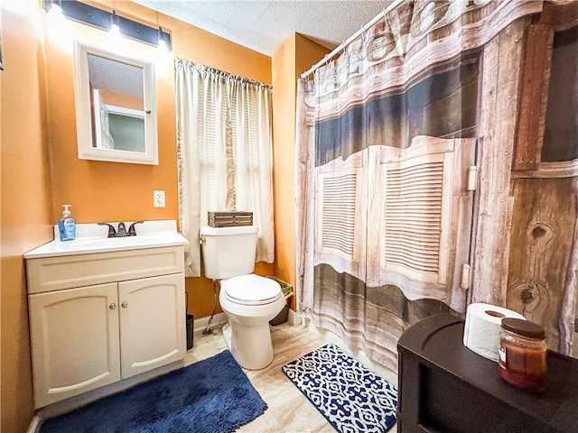 bathroom with vanity, toilet, and a textured ceiling