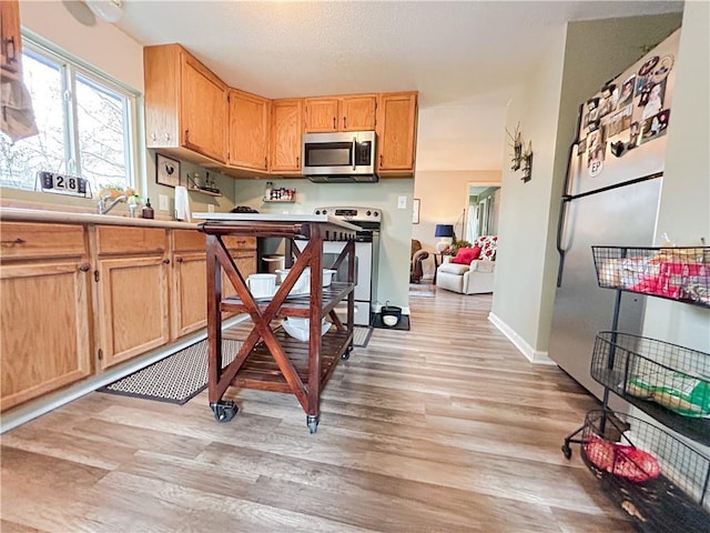 kitchen with electric range oven, light hardwood / wood-style floors, and refrigerator