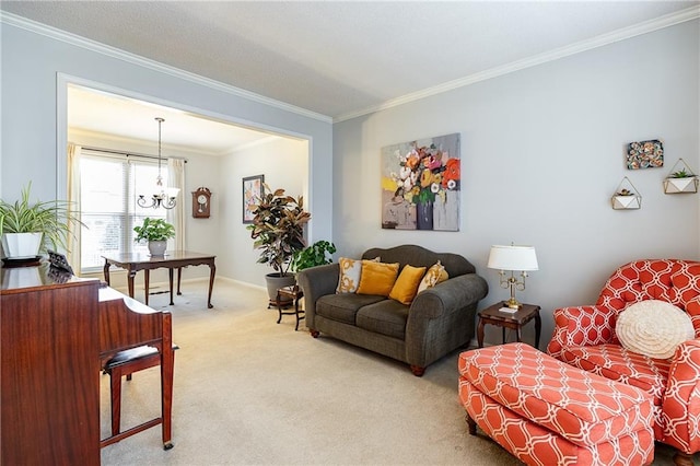 living room with ornamental molding, a chandelier, and carpet floors