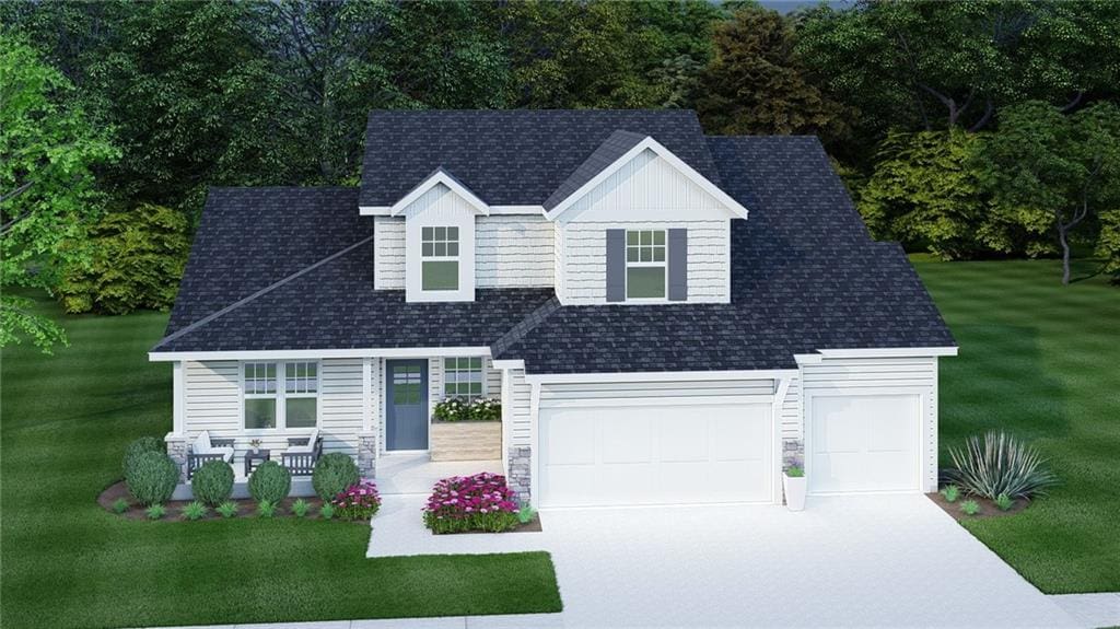 view of front of home with a front yard, a porch, and a garage