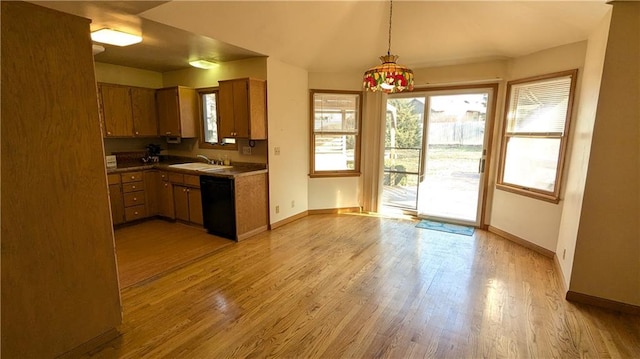 kitchen with sink, hanging light fixtures, light hardwood / wood-style flooring, and dishwasher