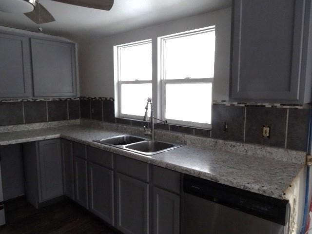 kitchen with gray cabinetry, ceiling fan, sink, tasteful backsplash, and stainless steel dishwasher