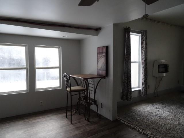 dining room with heating unit, plenty of natural light, ceiling fan, and dark wood-type flooring