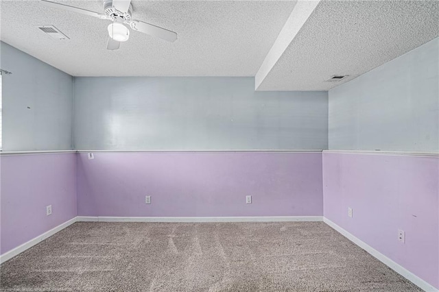 unfurnished room with ceiling fan, a textured ceiling, and carpet flooring